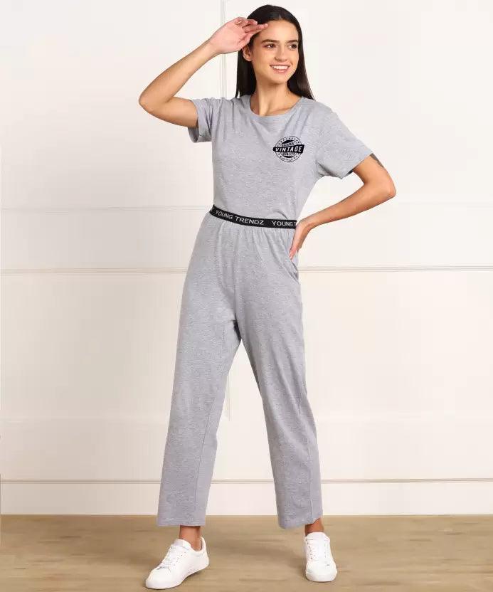 Women T-shirt & Pyjama Set Pure Soft Cotton - Grey Printed - Young Trendz