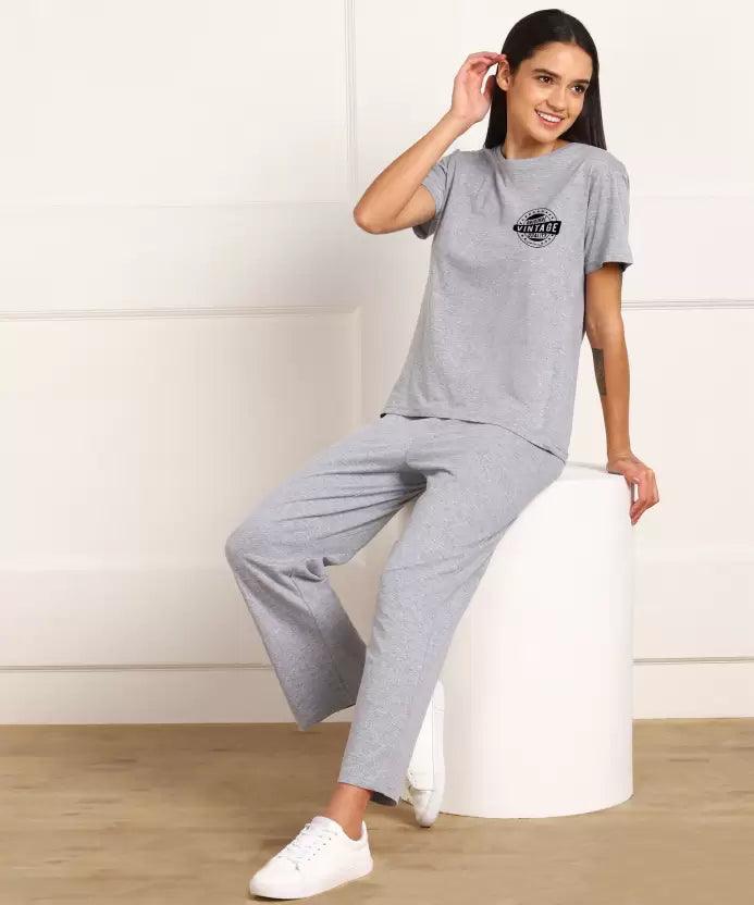 Women T-shirt & Pyjama Set Pure Soft Cotton - Grey Printed - Young Trendz