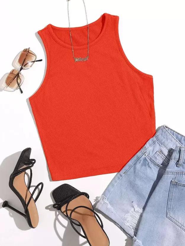 Rib-knit Tank Top Solid - Red - Young Trendz