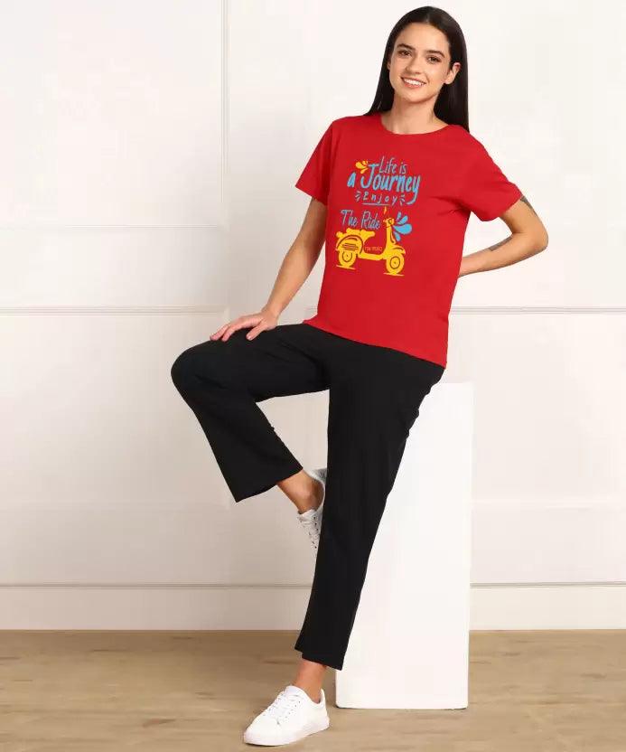 Women Conversational Round Neck T-Shirt (Red) - Young Trendz